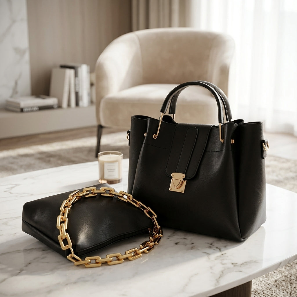 The "Noir" 2-in-1 Tote & Pouch Handbag Set