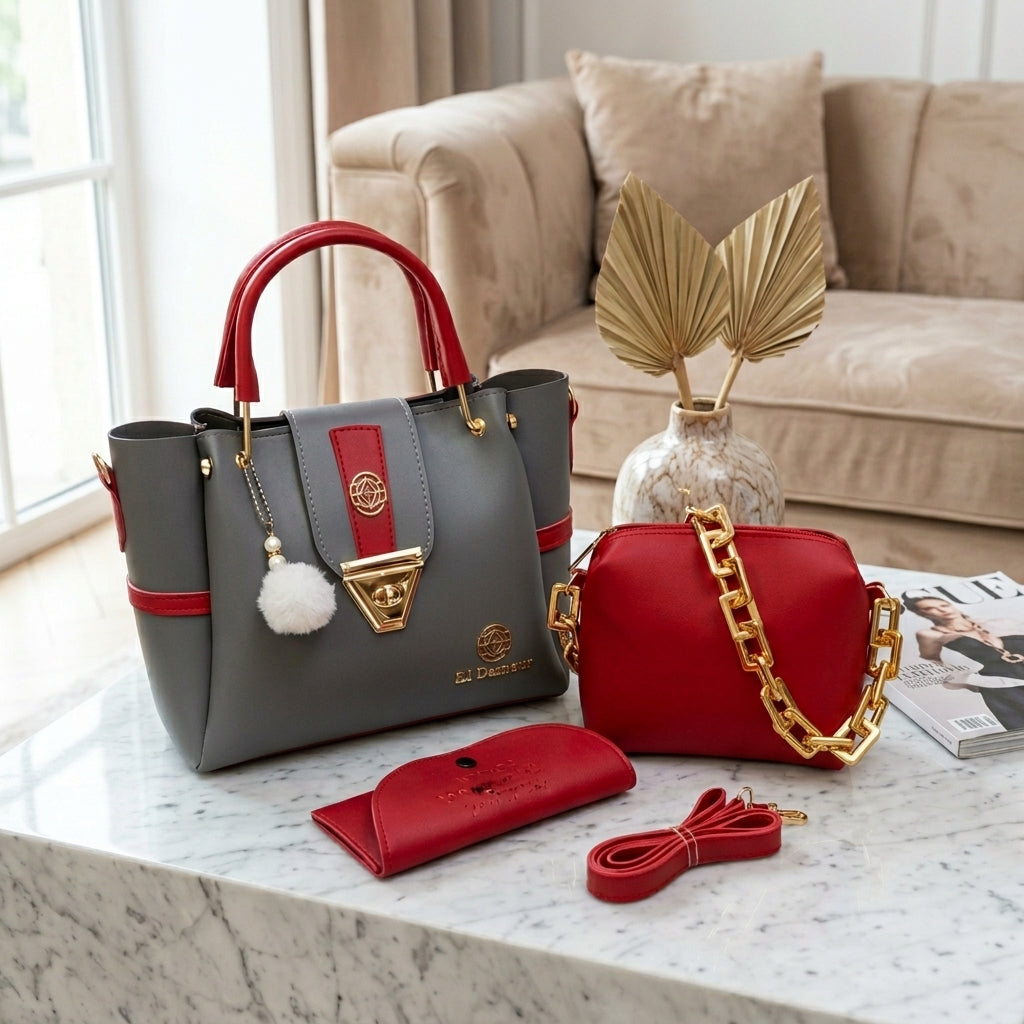 Chic Grey & Red Handbag Set (3 Pieces)