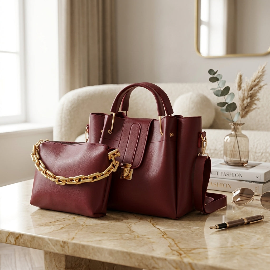 2-in-1 Tote & Crossbody Bag Set in Burgundy