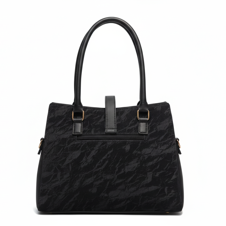 Glossy Black Ladies Handbag with Gold Lock Detail