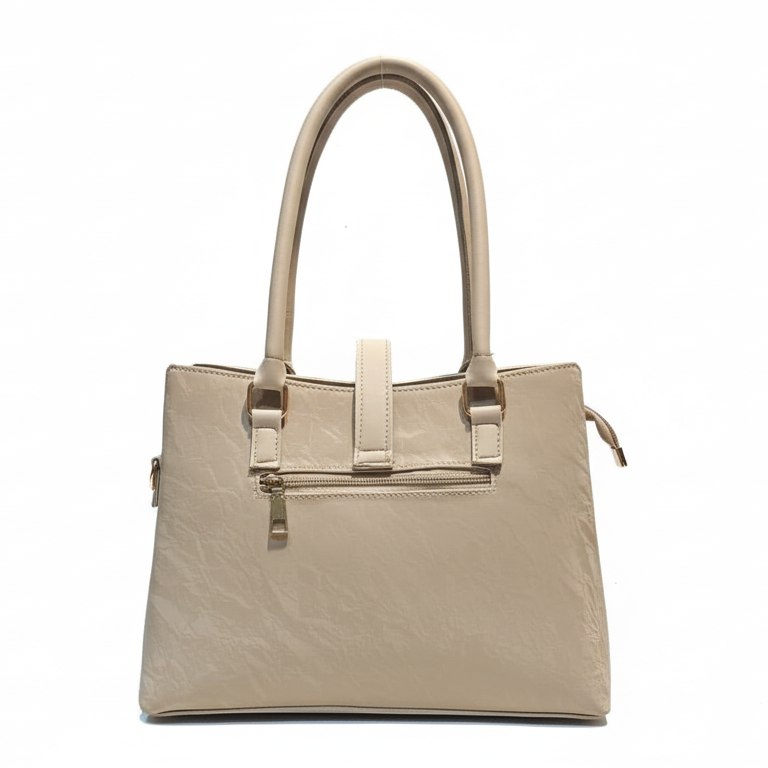 Elegant Cream Textured Handbag with Lock & Chain Accent