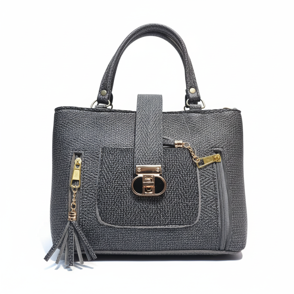 Smart Grey Textured Handbag with Front Lock & Zip Details