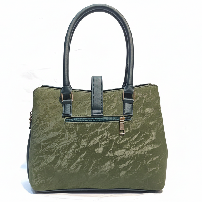 Trendy Olive Green Textured Handbag with Back Zip Pocket