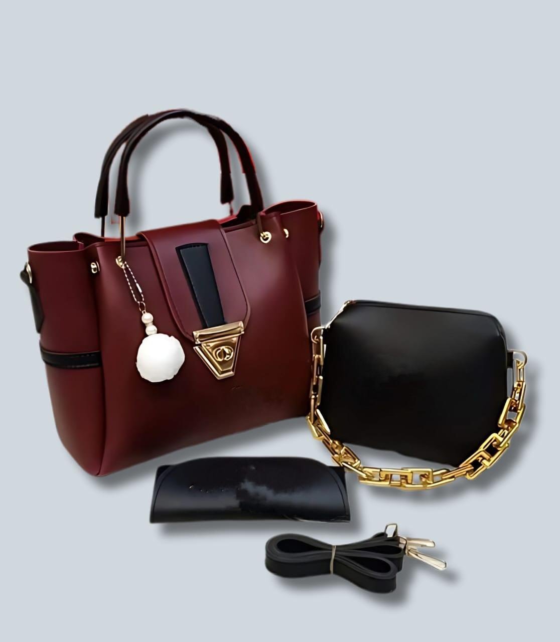 Complete Burgundy & Black Handbag Set (3 Pieces)