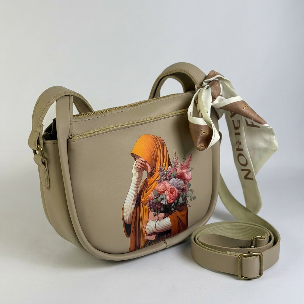 Elegant Beige Printed Shoulder Bag with Scarf Detail