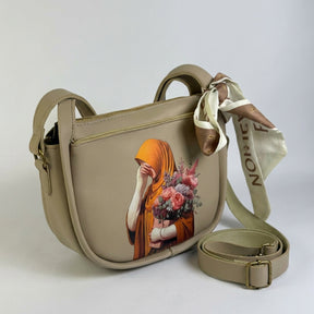 Elegant Beige Printed Shoulder Bag with Scarf Detail