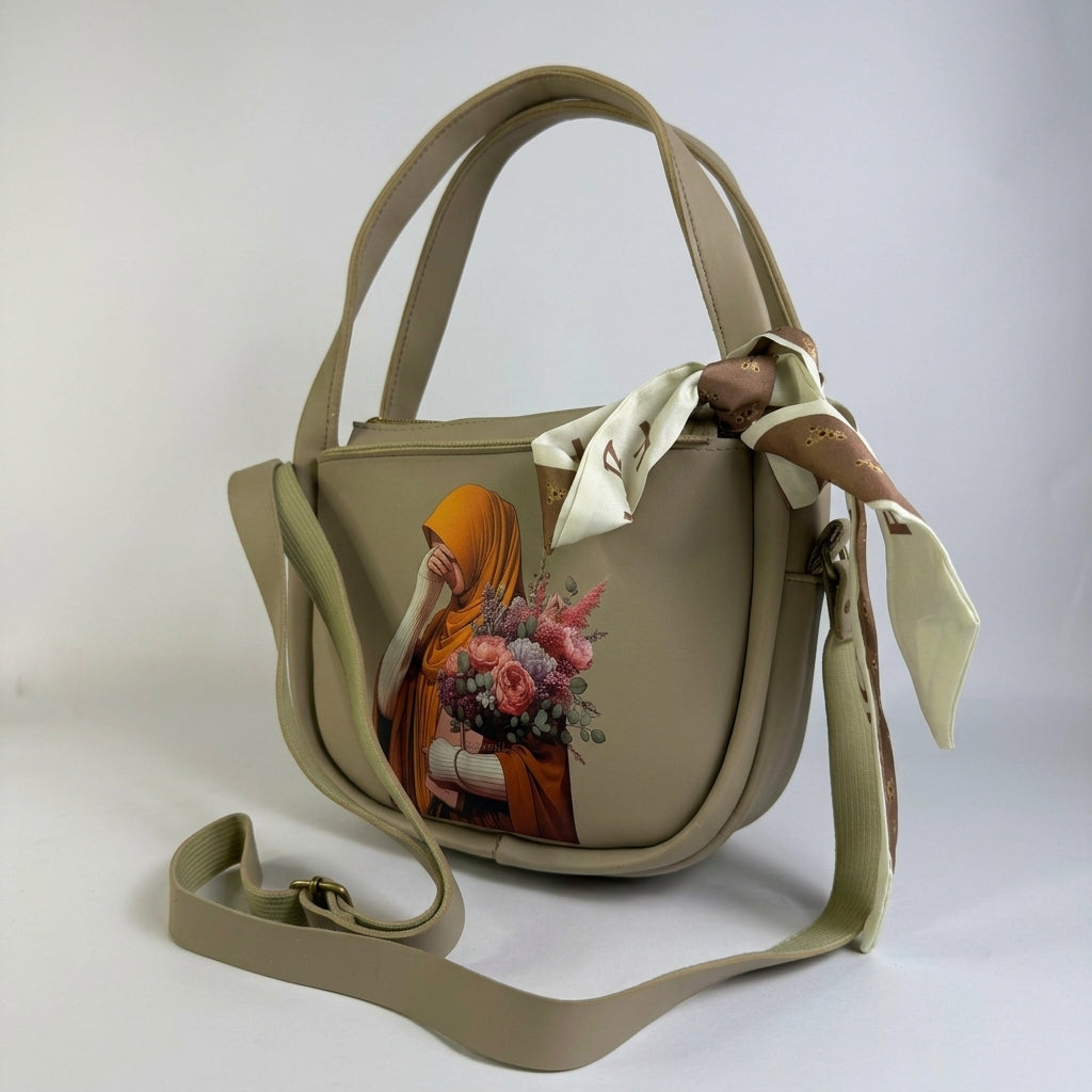 Elegant Beige Printed Shoulder Bag with Scarf Detail