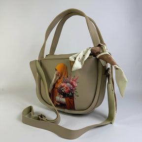 Elegant Beige Printed Shoulder Bag with Scarf Detail
