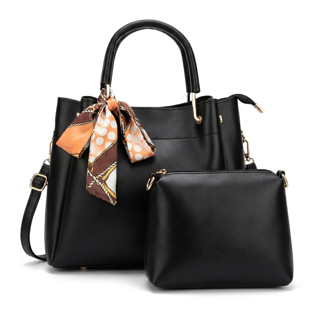 Luxury Black 2‑Piece Handbag Set with Matching Pouch & Scarf