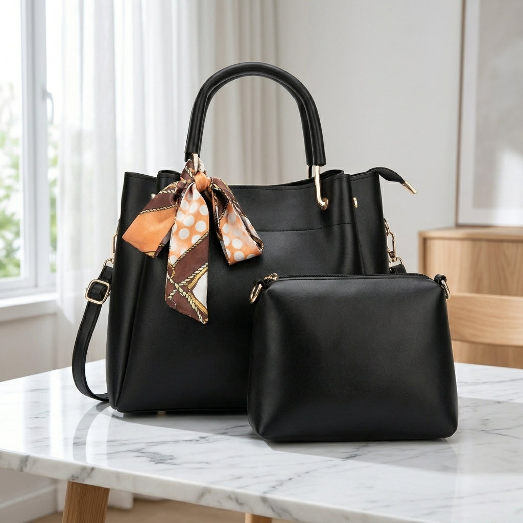 Luxury Black 2‑Piece Handbag Set with Matching Pouch & Scarf