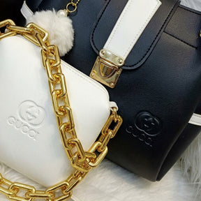 Black & White Statement Handbag Set with Pom-Pom Charm