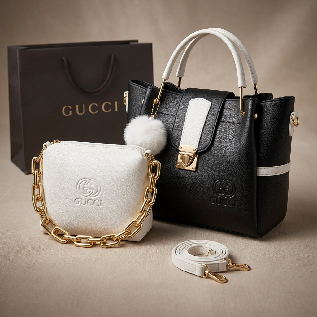 Black & White Statement Handbag Set with Pom-Pom Charm