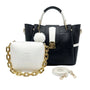 Black & White Statement Handbag Set with Pom-Pom Charm