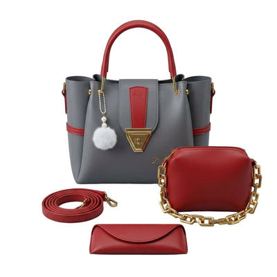 Chic Grey & Red Handbag Set (3 Pieces)