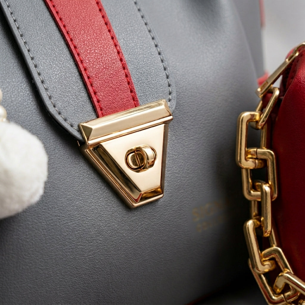 Chic Grey & Red Handbag Set (3 Pieces)