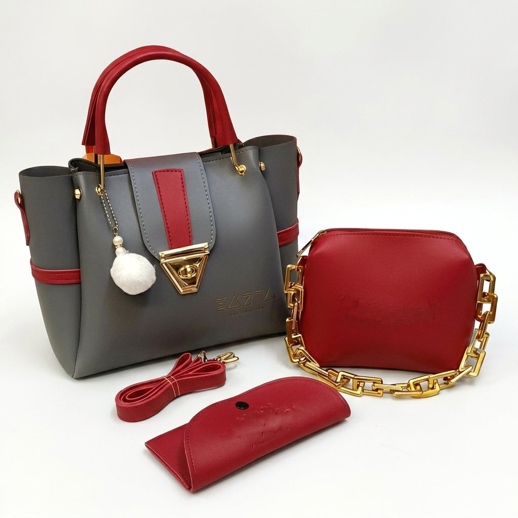 Chic Grey & Red Handbag Set (3 Pieces)