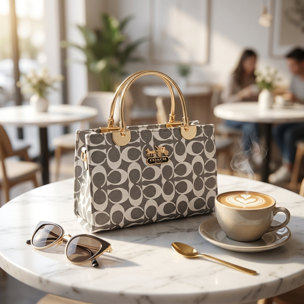 Elegant Grey Monogram Handbag with Gold Handle