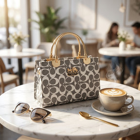 Elegant Grey Monogram Handbag with Gold Handle