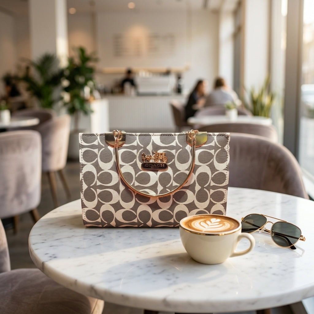 Elegant Grey Monogram Handbag with Gold Handle