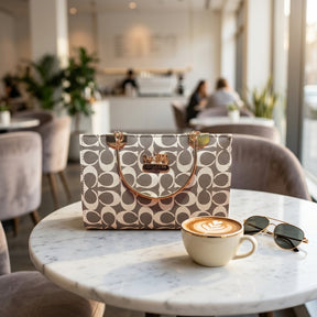 Elegant Grey Monogram Handbag with Gold Handle