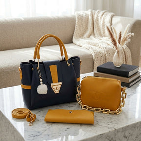 Chic Navy & Yellow Handbag Set (3 Pieces)