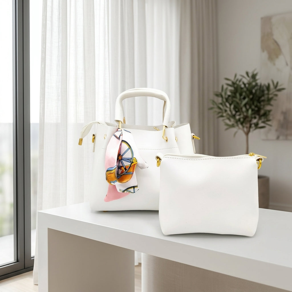 Elegant White 2‑Piece Handbag Set with Matching Pouch & Scarf