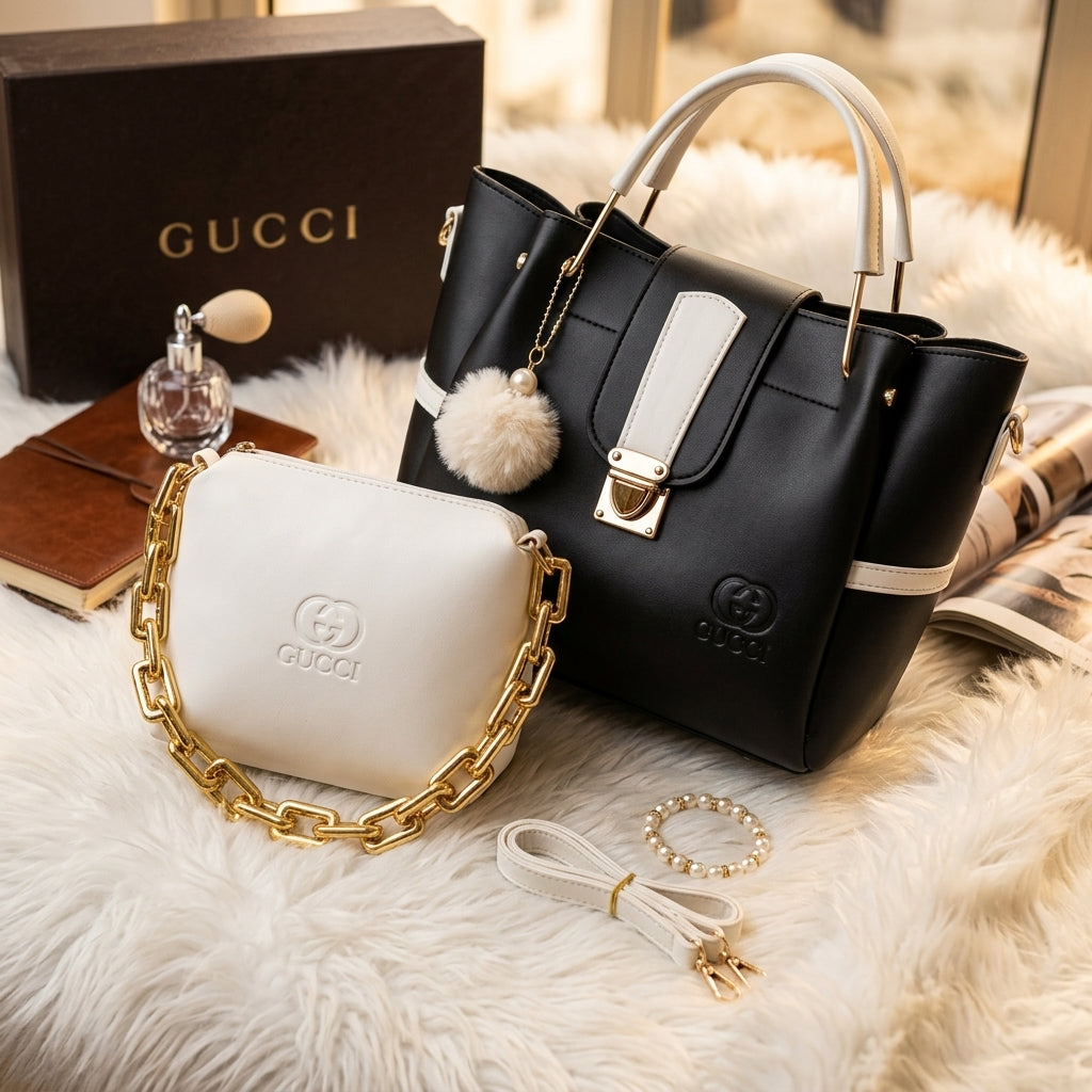 Black & White Statement Handbag Set with Pom-Pom Charm