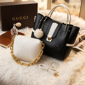 Black & White Statement Handbag Set with Pom-Pom Charm