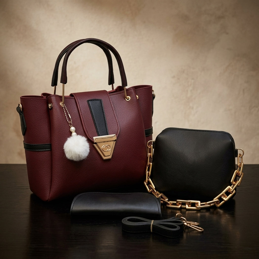 Complete Burgundy & Black Handbag Set (3 Pieces)