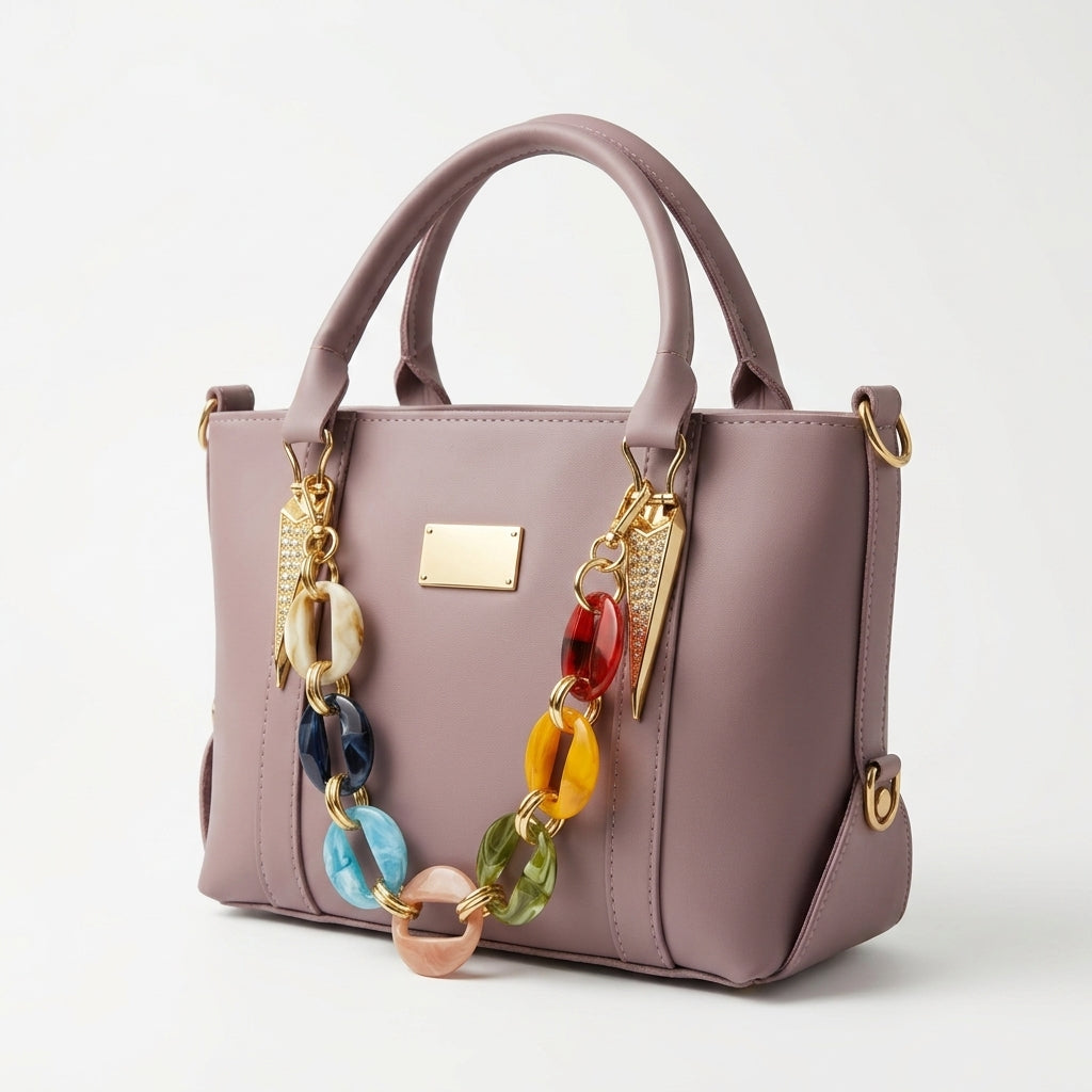 Stylish Mauve Handbag with Colorful Chain