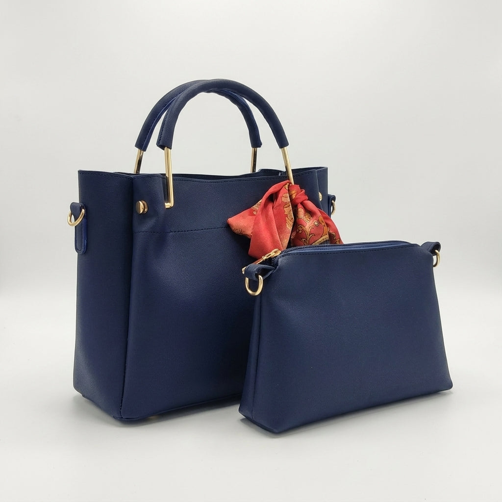 Luxury Navy Blue 2‑Piece Handbag Set with Matching Pouch & Scarf