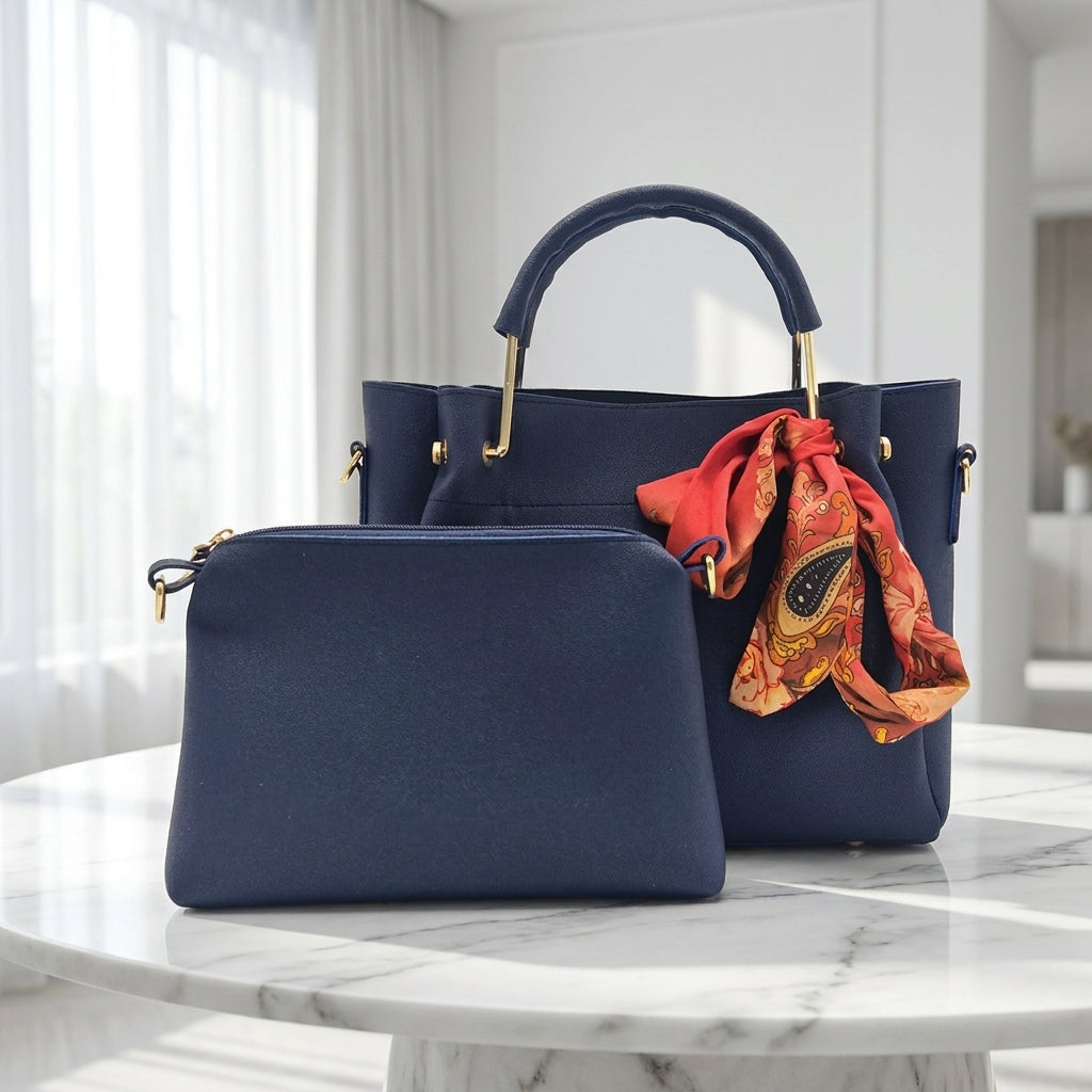 Luxury Navy Blue 2‑Piece Handbag Set with Matching Pouch & Scarf