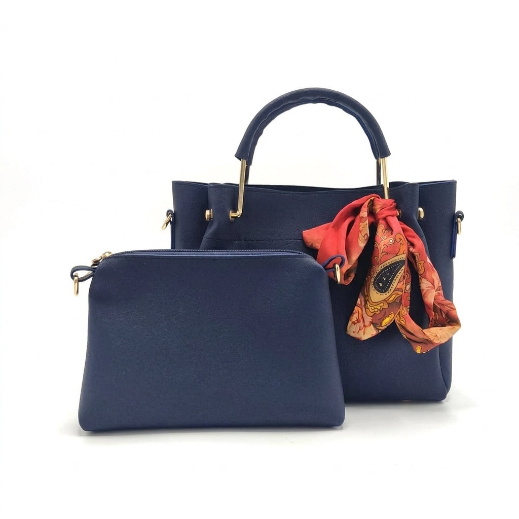 Luxury Navy Blue 2‑Piece Handbag Set with Matching Pouch & Scarf
