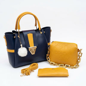 Chic Navy & Yellow Handbag Set (3 Pieces)