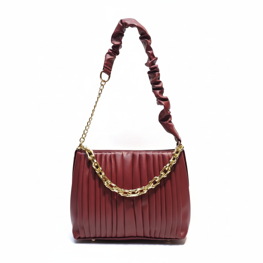 Trendy Maroon Pleated Shoulder Bag with Chain Strap