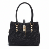 Glossy Black Ladies Handbag with Gold Lock Detail