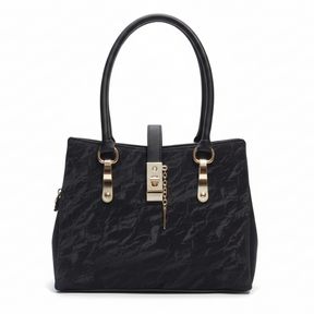 Glossy Black Ladies Handbag with Gold Lock Detail
