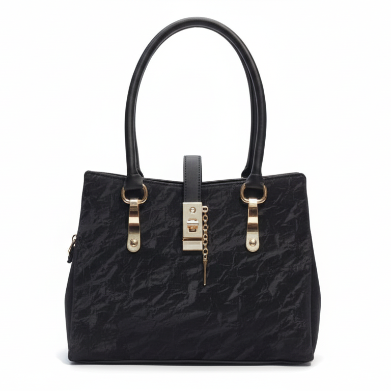 Glossy Black Ladies Handbag with Gold Lock Detail
