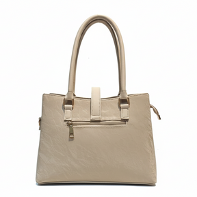 Elegant Cream Textured Handbag with Lock & Chain Accent
