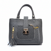Smart Grey Textured Handbag with Front Lock & Zip Details