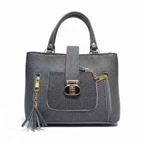Smart Grey Textured Handbag with Front Lock & Zip Details