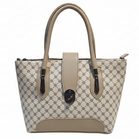 Elegant Beige Printed Handbag with Front Lock Design