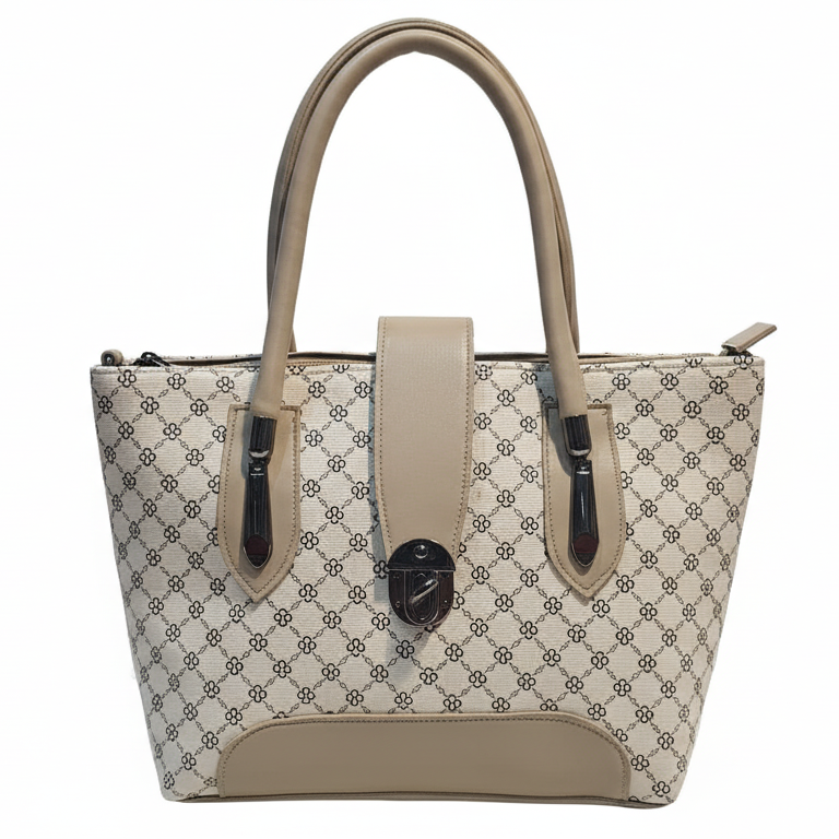 Elegant Beige Printed Handbag with Front Lock Design
