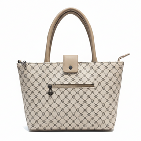 Elegant Beige Printed Handbag with Front Lock Design