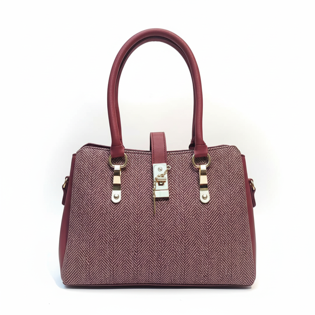 Trendy Maroon Textured Ladies Handbag with Gold Lock Design
