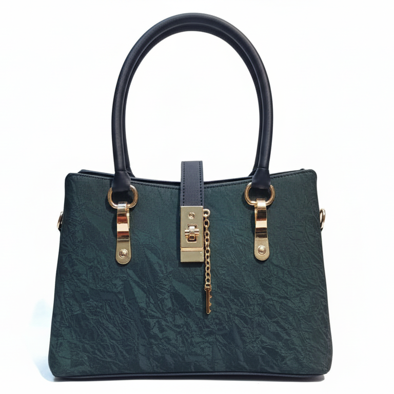Olive Green Handbag with Front Lock & Gold Chain Detail