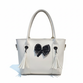 Stylish White Ladies Handbag with Bow & Tassel Design