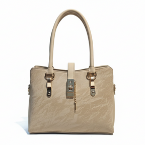 Elegant Cream Textured Handbag with Lock & Chain Accent