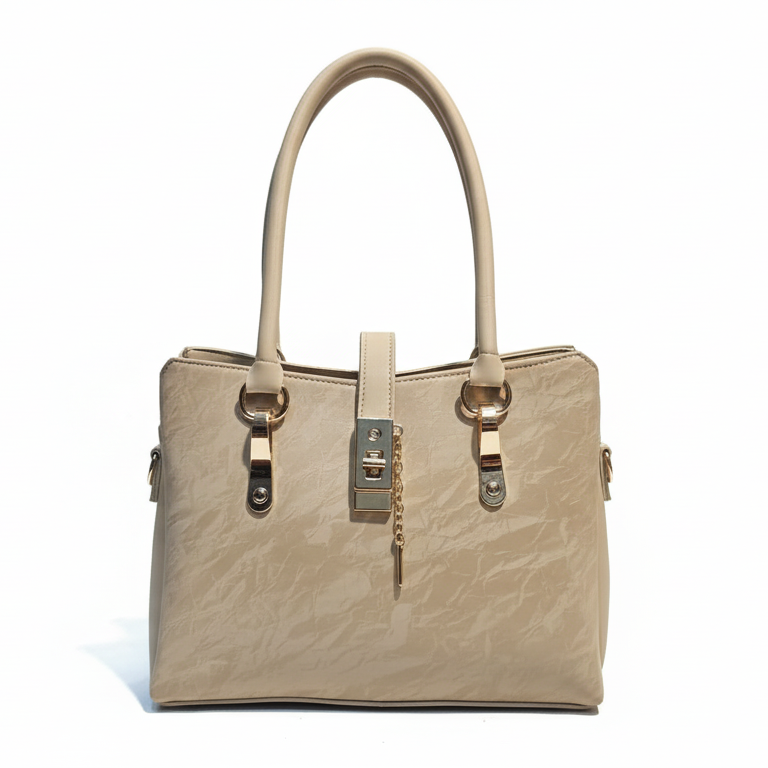 Elegant Cream Textured Handbag with Lock & Chain Accent