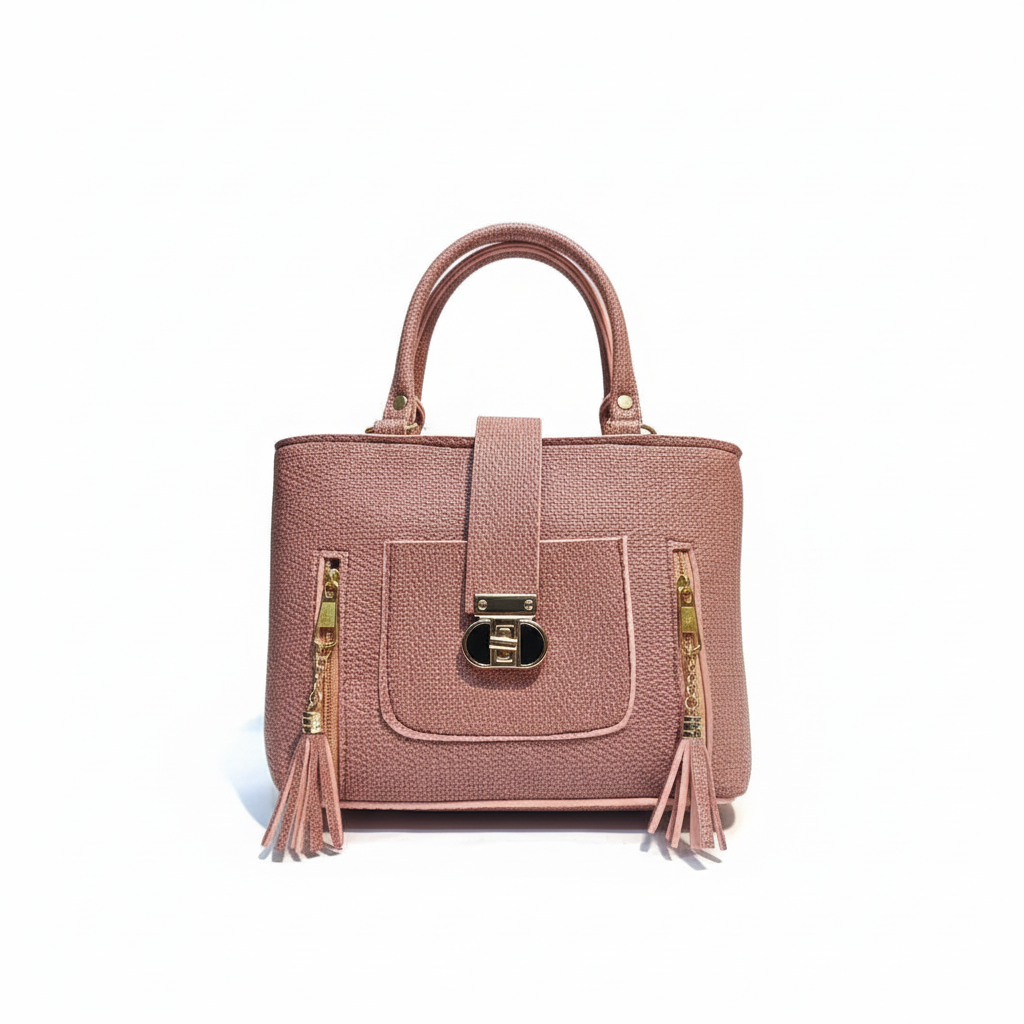 Soft Pink Textured Handbag with Back Zip Pocket